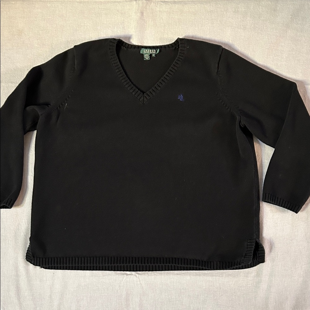 Lauren Ralph Lauren V-Neck Black 100% Cotton Sweater